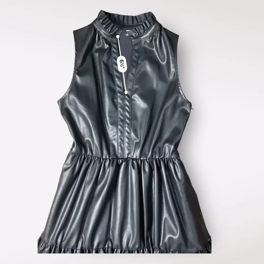 Fate Black Faux Leather Ruffled Tiered Mini Dress Size‎ S Moto Boho Goth